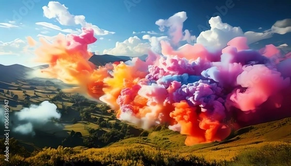 Fototapeta A vibrant explosion of colorful smoke billows across a lush landscape under a bright blue sky, creating a stunning visual spectacle.
