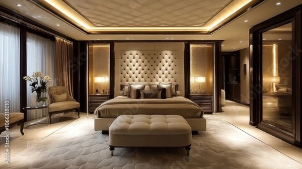 Fototapeta Luxurious bedroom with a king-sized bed, tufted headboard, plush rug, and a large window with curtains.