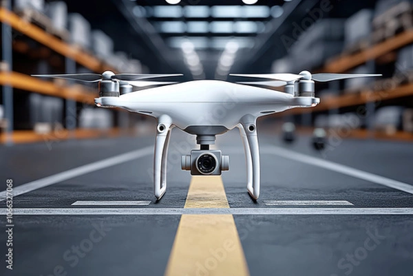 Obraz white drone positioned on warehouse floor, showcasing logistics technology