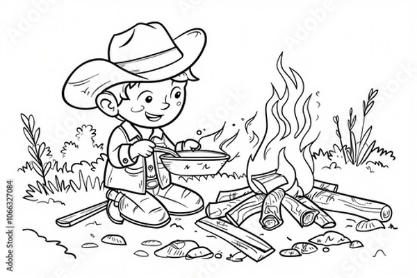 Fototapeta A cheerful young boy of Hispanic descent enjoys cooking over a campfire, wearing a cowboy hat and smiling at the flames.