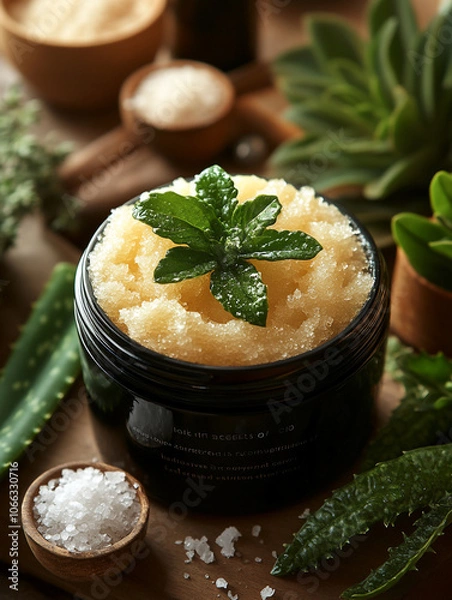 Fototapeta An open jar of exfoliating scrub with a scoop of the product placed on the lid to showcase its gritty, creamy texture.