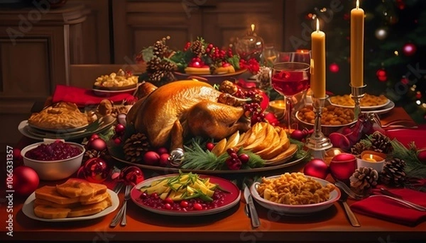 Fototapeta Many foods on dining table with candles 