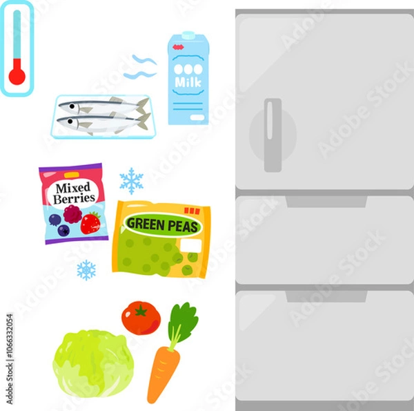 Fototapeta 冷蔵庫と冷蔵食品、冷凍食品、野菜