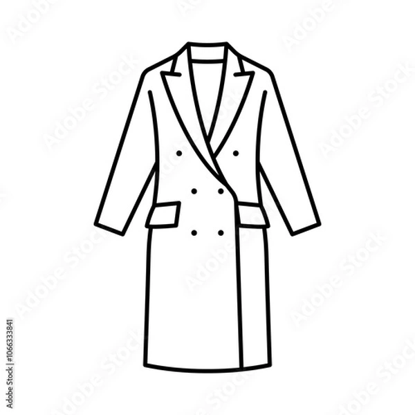 Fototapeta Wool coat, line icon. Double-breasted coat in trendy style. Winter season apparel, warm wearing. Linear illustration, editable stroke, thin line. Symbol for a clothing store, catalog, manufacturing