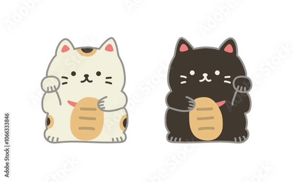 Fototapeta ゆるかわいい白と黒の招き猫のセット