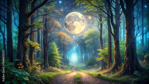 Fototapeta An Enchanting Moonlight Path Through a Tranquil Forest, Illuminated by a Glowing Moon and Twinkling Stars, Inviting Exploration of the Unknown