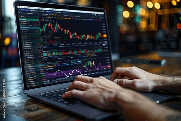 Obraz A person engages in cryptocurrency trading on a laptop to maximize investment opportunities