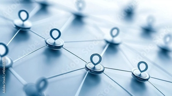 Fototapeta Abstract network connections with location markers on a blue background.