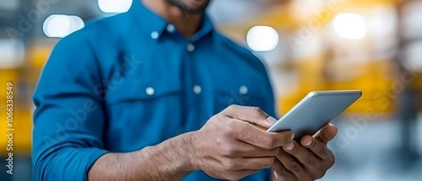 Obraz Tablet interface for smart industry management with hands adjusting control settings and automated machinery in the background  Concept of factory automation smart production