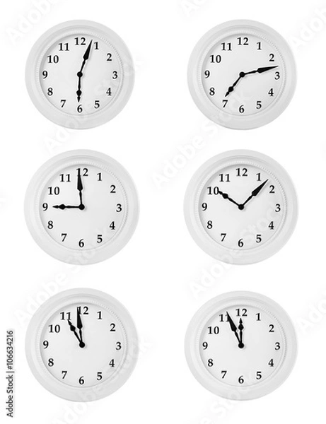 Fototapeta Collage of round wall clocks, isolated on white