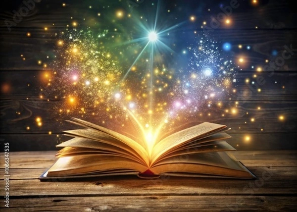 Fototapeta Mystical Open Book with Glittering Lights and Magic Spells on Wooden Background â€“ Enchanting Urban Exploration Photography