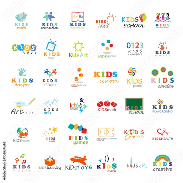 Fototapeta Children Icons Set-Isolated On White Background.Vector Illustration,Graphic Design.For Web,Websites,App,Print,Presentation Templates,Mobile Applications,Promotional Materials.Kids Note,Book,Logo Bulb