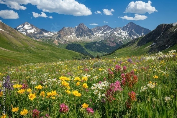 Obraz A vast alpine meadow filled with vibrant wildflowers, with towering snow-capped mountains in the background.