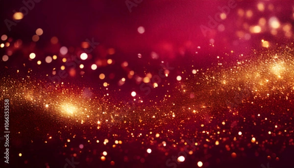 Fototapeta gold tones with sparkling lights and bokeh effects. Golden star-shaped ornaments and red baubles create a festive, warm atmosphere, perfect for Christmas and New Year designs, greeting cards
