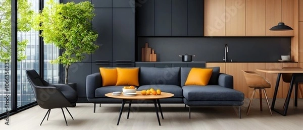 Fototapeta Cozy and Functional Contemporary Studio Design with Comfortable Sofa Dining Table and Modern Kitchen Appliances in a Bright and Airy Space