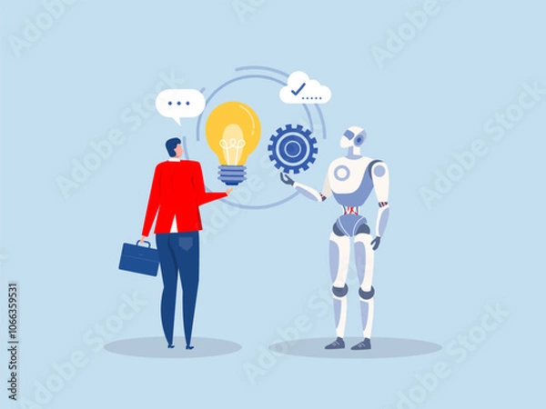 Fototapeta Artificial intelligence and machine learning.Man talking to robot. Conversation between man and artificial intelligence Virtual helper and assistant. vector illustration