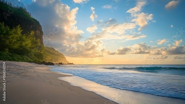 Fototapeta Tranquil Beach at Dawn with Lush Cliffside and Rolling Clouds