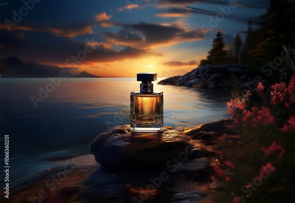 Fototapeta A glass bottle of perfume rests on a smooth, grey rock on a beach, the sunset behind it casting an orange glow over the water and mountains in the background.
