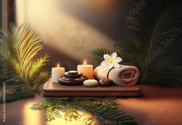 Fototapeta A spa treatment tray with candles, stones, a towel, and a flower, set against a backdrop of lush green foliage and warm, natural light.