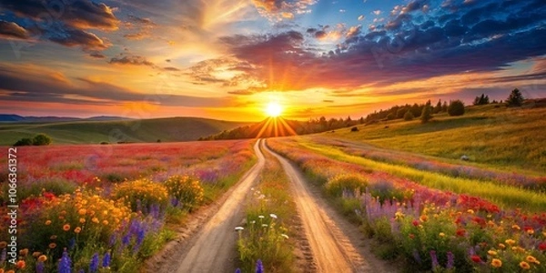 Fototapeta Golden Sunset Illuminates a Path Through a Field of Blossoming Wildflowers, Creating a Serene and Breathtaking Landscape