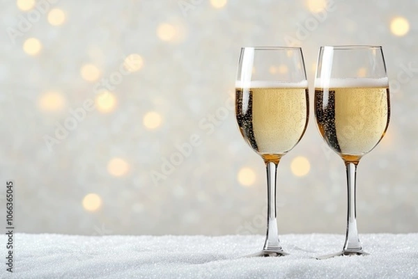 Fototapeta Champagne Glasses with Festive Holiday Background, Two champagne glasses filled with bubbly on a festive background with winter pine decor and soft golden holiday lights, celebrating the season.

