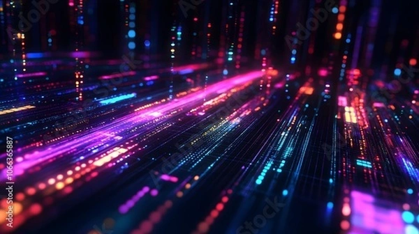 Fototapeta Vibrant neon waves of pixels dance across a dark digital landscape, creating a mesmerizing spectacle of light and color.