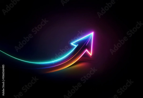 Fototapeta A vibrant, multi-colored neon arrow points upward on a dark background, suggesting growth and progress.