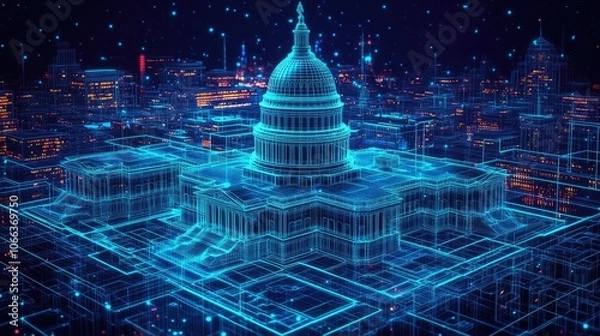 Fototapeta A futuristic rendering of the US Capitol Building, glowing with a blue digital network.