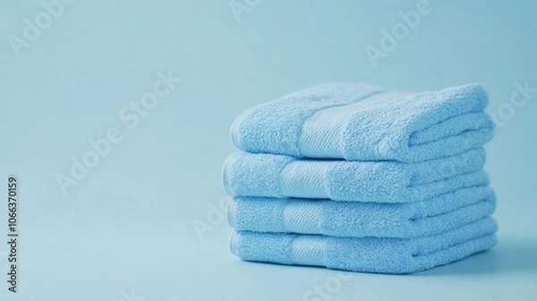 Fototapeta Stack of blue towels in a clean pristine environment against a light blue backdrop Represents concepts of cleanliness and freshness