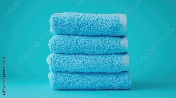 Fototapeta Stack of blue towels against a turquoise backdrop featuring a minimalist design that conveys cleanliness and hygiene