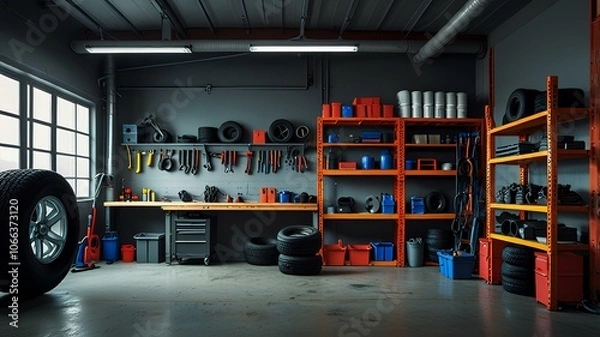 Fototapeta Empty garage workshop space interior full of tires and tools for car fixing. Shelf full of mechanic equipment, repairman workspace or workplace studio or station, automotive center indoor with window