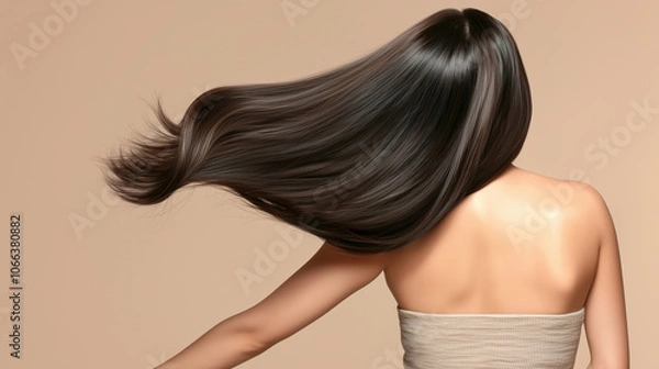 Obraz 「若い女性のロングヘアの光沢ある髪の毛が流動的になびいている.」