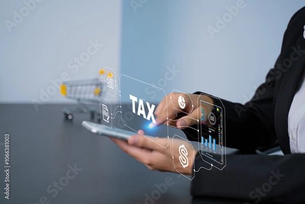 Obraz Busines using a Phone  to complete Individual income tax return form online for tax payment. Making financial plans. Banking and finance, investment, financial trading, mobile ,banking concept.