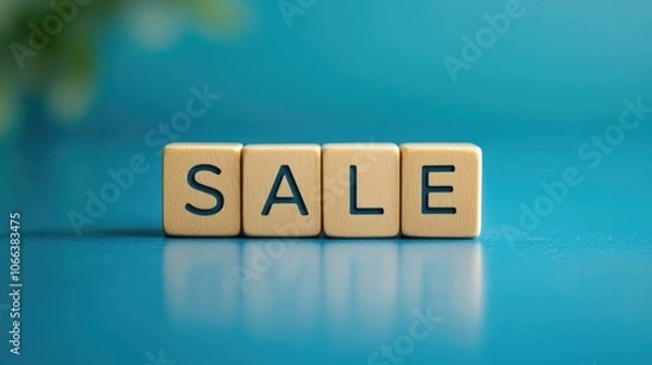 Obraz Wooden blocks displaying the word SALE on a blue surface