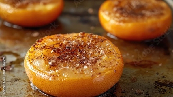 Fototapeta Vintage broiled grapefruit topped with brown sugar and cinnamon on a metal surface offering a healthy dessert option for breakfast or snacks