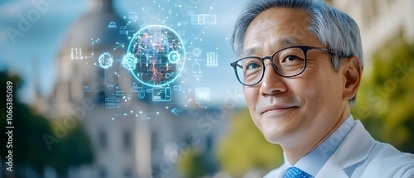 Fototapeta Virtual healthcare session with a medical professional on a screen holographic icons for telemedicine services floating around the interactive display