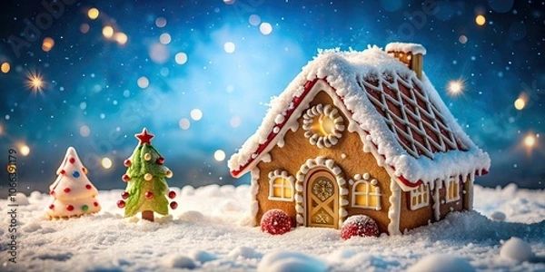 Fototapeta Whimsical gingerbread house covered in snow in a winter wonderland, Gingerbread, house, snow, winter, wonderland, whimsical