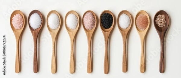 Obraz A Set of Wooden Spoons with Varieties of Colorful Salts Displayed Neatly, Highlighting Textures, Colors, and Rustic Culinary Ingredients for Gourmet Cooking