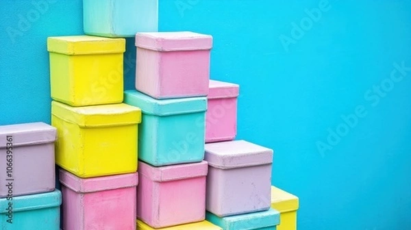 Obraz Colorful pastel boxes stacked against bright cyan background