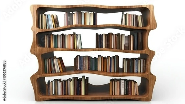 Obraz A wooden bookcase with wavy shelves, filled with many books.