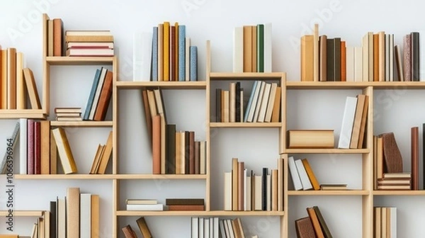 Obraz Many books are arranged on light-colored wooden shelves.