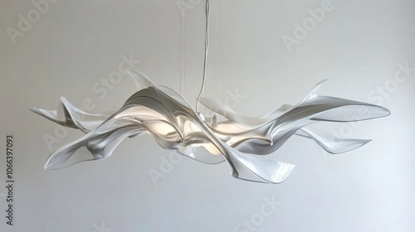 Obraz A white, light-catching, abstract chandelier with flowing, sculpted forms.