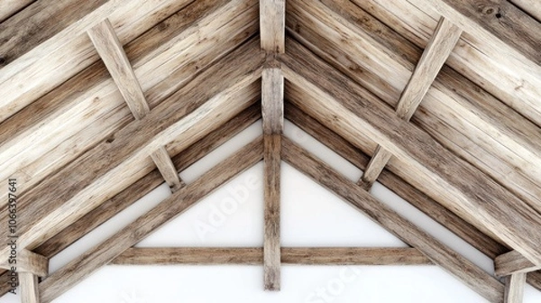 Obraz A wooden roof structure with light-colored beams and supports.