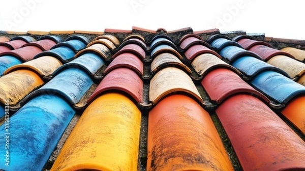 Obraz Many colorful, overlapping roof tiles. Rows of red, blue, yellow, and orange.