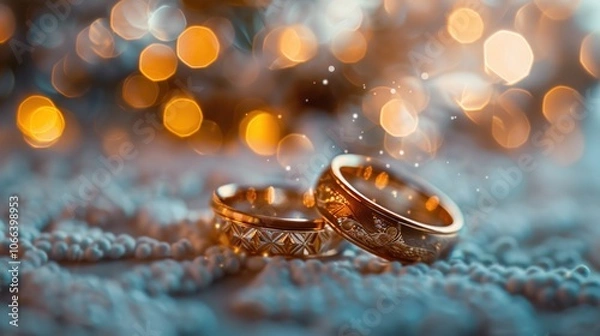 Obraz Two gold wedding rings sit on a textured light teal surface, with blurred golden lights in the background.