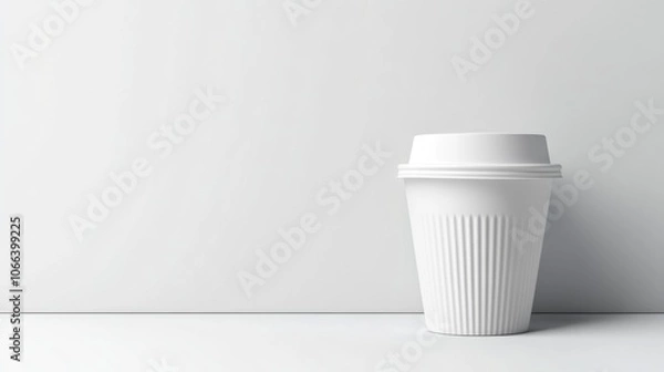 Obraz A white disposable coffee cup with a lid, on a plain white background.