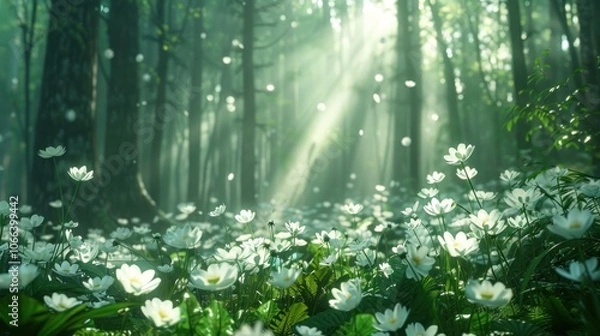 Obraz A bright, lush forest floor covered in white flowers, sunlight filtering through the trees.