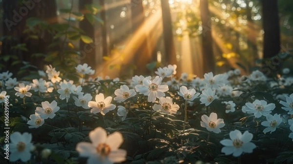 Obraz Sunlight streams through a forest, illuminating a field of white flowers.