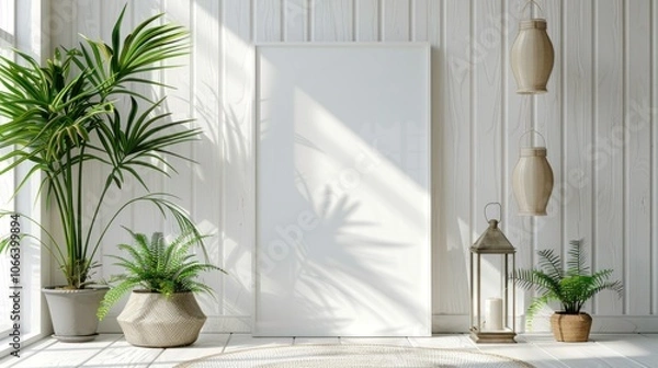 Obraz A white room with plants, a blank frame, and hanging lamps. Sunlight casts shadows.