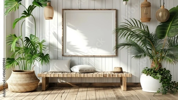 Obraz A bright, light room with plants, a wooden bench, and a blank framed picture.